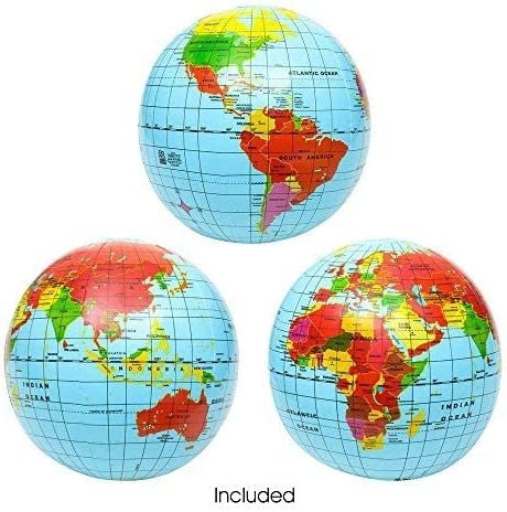 Inflatable World Globe Ball Set by - Set of 6 Print Blue and Clear - Colorful Earth Map, 16" Inflatable Beachball for Pool, Summer Fun Toys for Kids, Learning and More