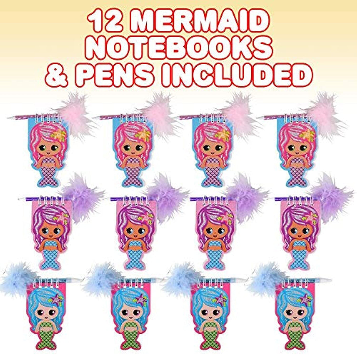 Mermaid Notebook and Pen Set for Kids, Set of 12, Feather-Tipped Pen and Small Glittery Note Pad with Loop Pen Holder Per Set, Fun Stationery Party Favors, Goodie Bag Fillers, Teacher Rewards