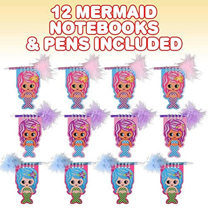 ArtCreativity Mermaid Notebook and Pen Set for Kids, Set of 12, Feather-Tipped Pen and Small Glittery Note Pad with Loop Pen Holder Per Set, Fun Stationery Party Favors, Goodie Bag Fillers, Teacher Rewards