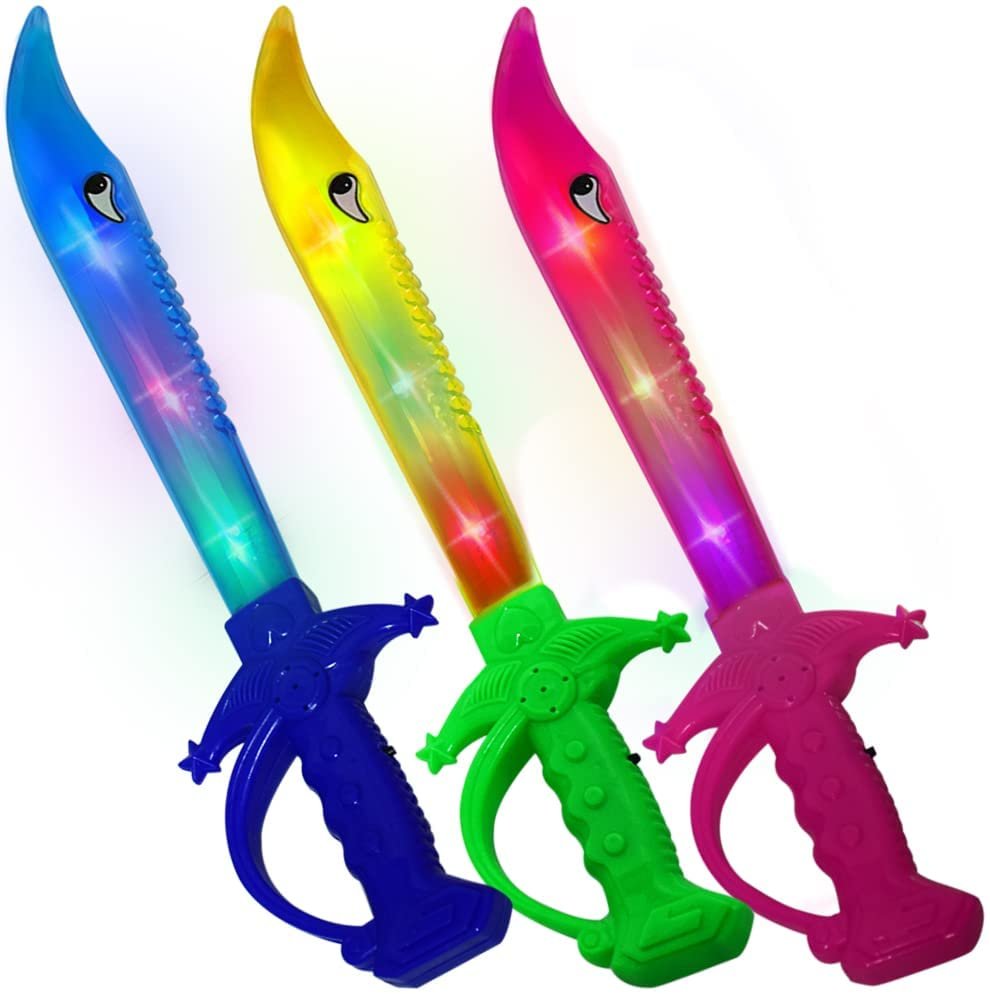 Light Up Shark Swords for Kids - 15" Toy Sword with Flashing LED Lights, Set of 3