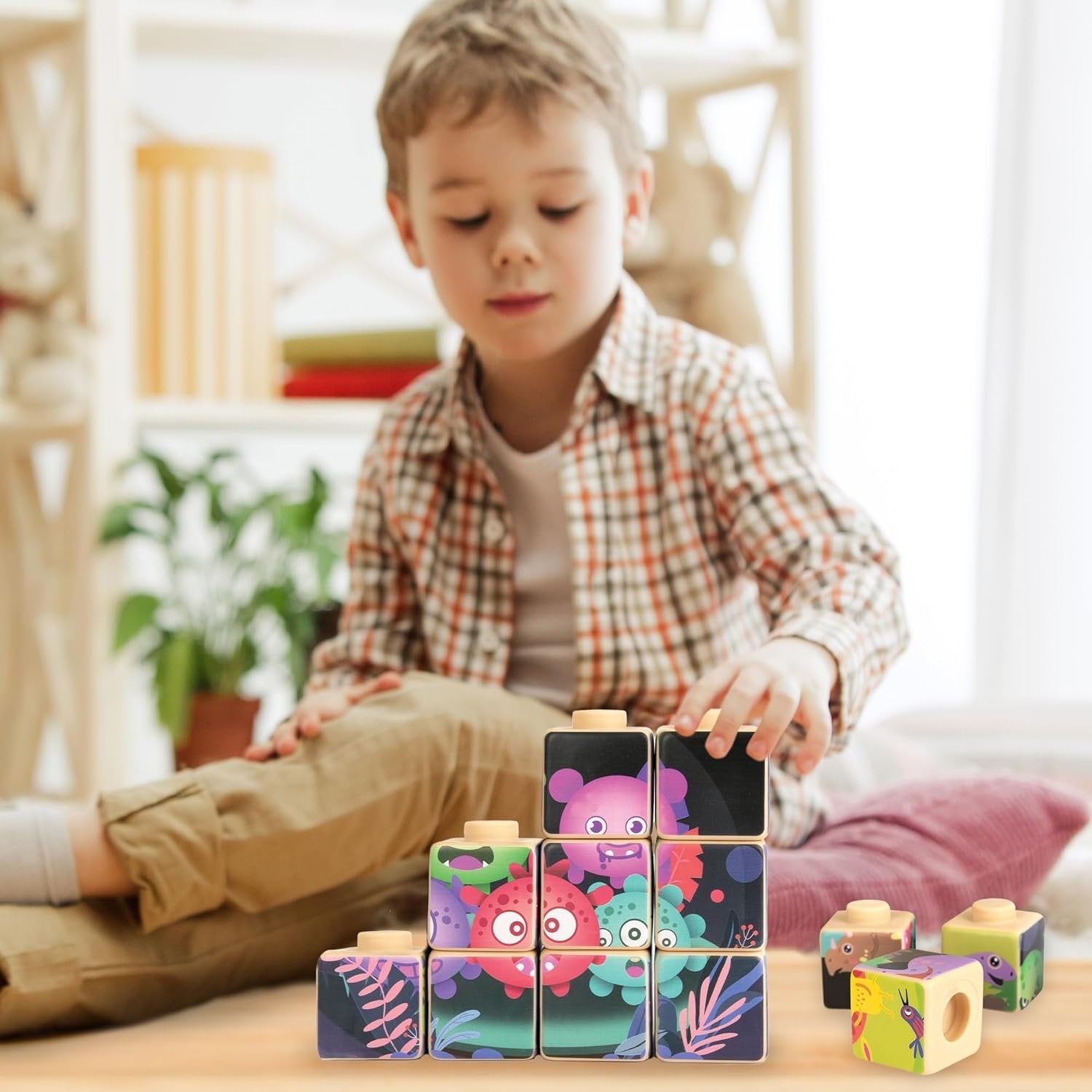 Silicone Picture Puzzle Blocks for Kids, 12 Stacking Blocks with Four Different Pictures Printed on The Sides, 2" Soft Toy Building Blocks for Toddlers