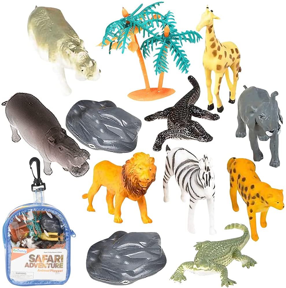 ArtCreativity Safari Playset in Carry Bag, Set of 12, Assorted Small Animal Figures, Sturdy Plastic Toys, Fun Zoo Theme Birthday Party Favors, Great Gift Idea for Boys and Girls