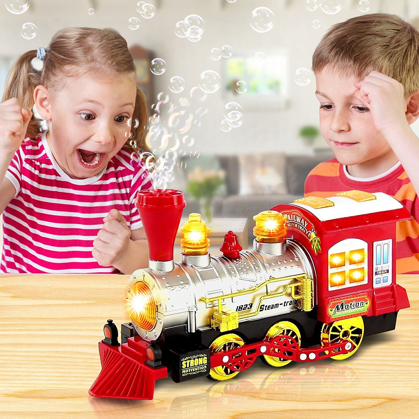 Bubble Blowing Toy Train with Lights & Sounds - Bump & Go Steam Locomotive for Kids