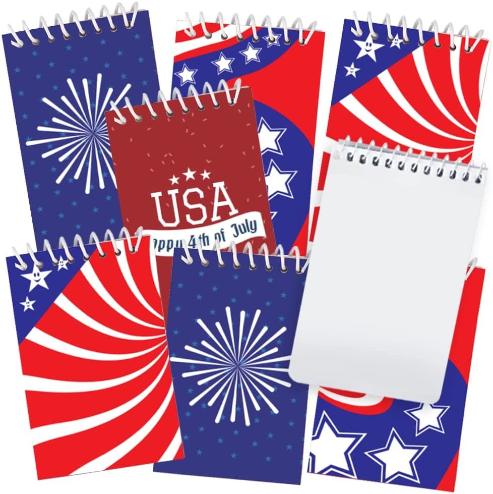 Mini Patriotic Notepads, Pack of 12, Small Red, White, and Blue Notebooks with Assorted Patriotic Designs, Party Favors for July 4th, Memorial and Veterans Day