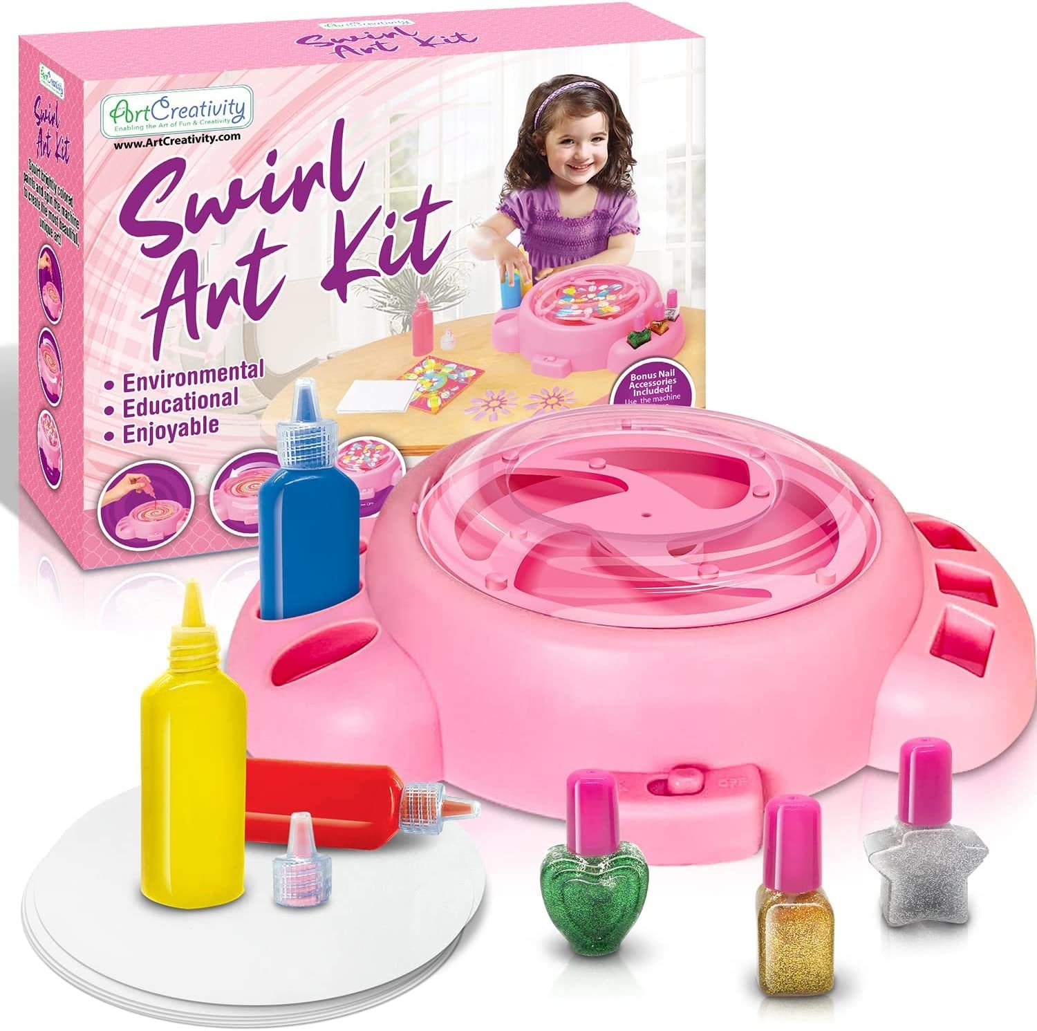 Swirl Painting Kit with Bonus Nail Accessories, Includes Paint, Glitter Glue, Nail Sticker Sheets, and More, Spin Art Machine Set for Kids, Great Gift Idea for Girls