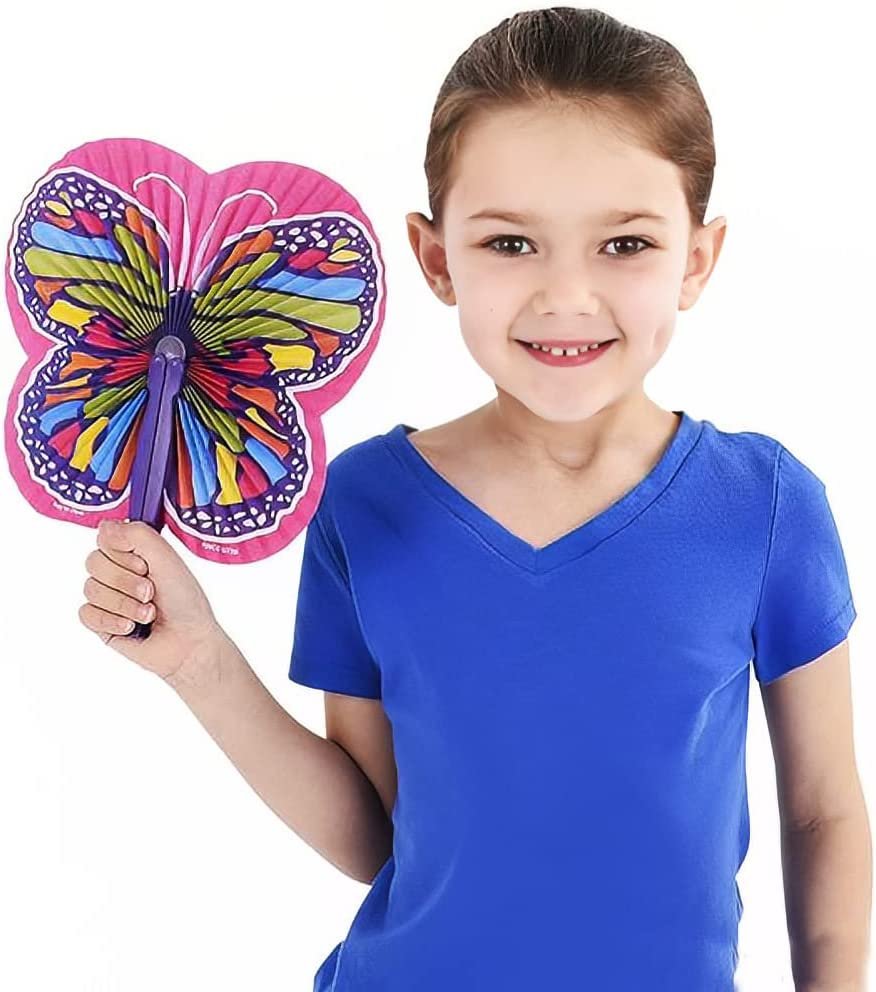 9.5" Handheld Butterfly Folding Fans - Pack of 12 Foldable Fans in Assorted Colors and Designs, Goodie Bag Filler, Party Favors and Supplies, Fun Novelties and Gifts for Kids Ages 3+