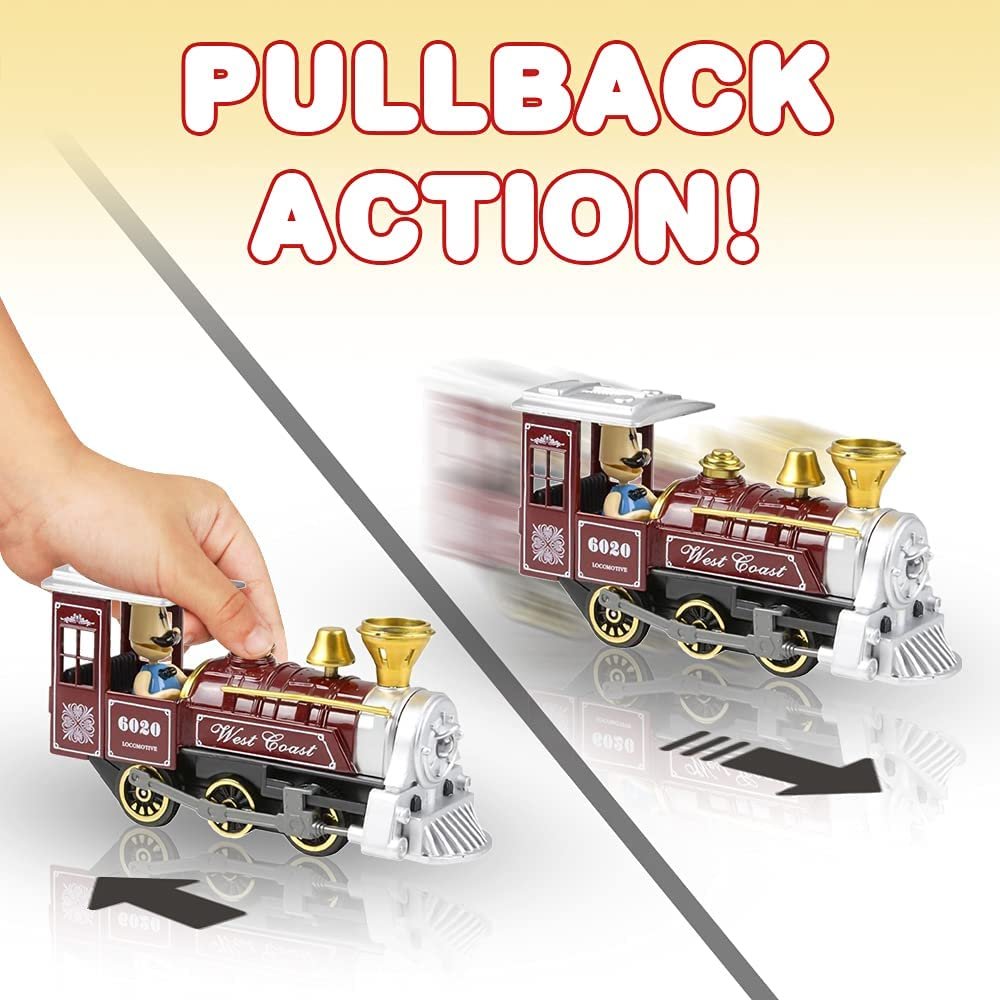 ArtCreativity Pull Back Train Toys for Kids, Set of 2, Diecast Metal Train with Sound Effects and Pullback Action, Choo Choo Trains for Boys and Girls, Great Birthday Idea