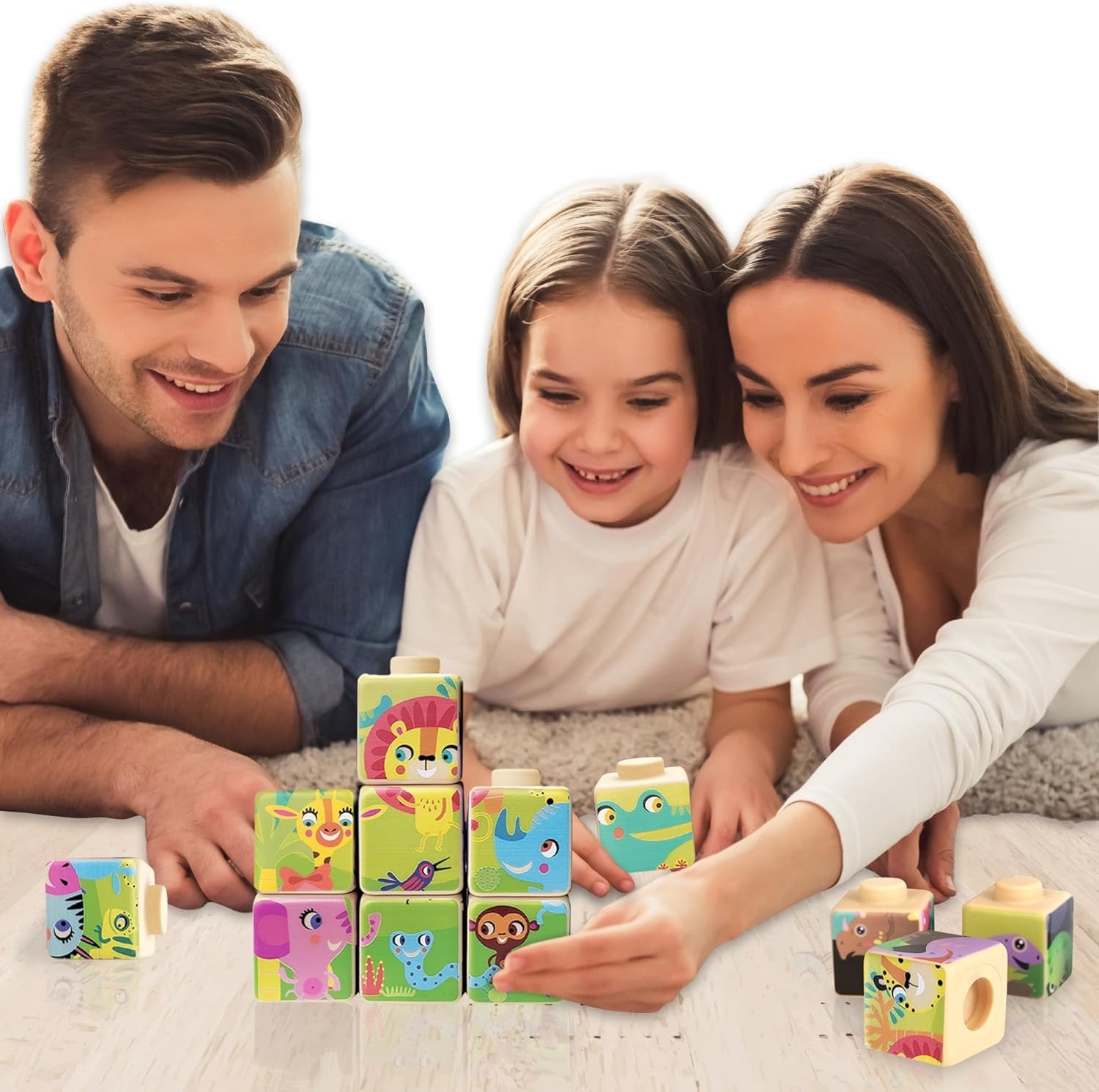 Silicone Picture Puzzle Blocks for Kids, 12 Stacking Blocks with Four Different Pictures Printed on The Sides, 2" Soft Toy Building Blocks for Toddlers