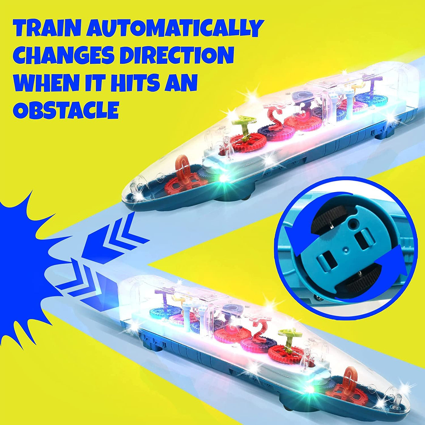 Light Up Transparent Train Toys For 3 Year Old Boys, Train Gifts For Boys, Bump and Go Electric Train For Kids with Colorful Moving Gears, Music, LED, Alphabets and Numbers, Train For 3+ Year Old Boys