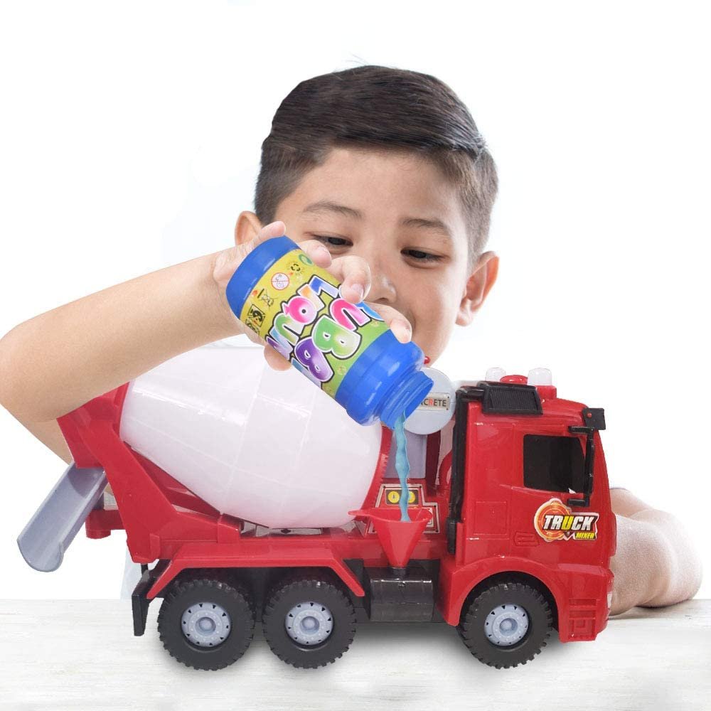 Bubble Blowing Cement Truck Toy with LED and Sound Effects - 12" Light Up Bump n Go Toy Car for Boys and Girls - Bubble Solution Included - Great Birthday Gift for Kids