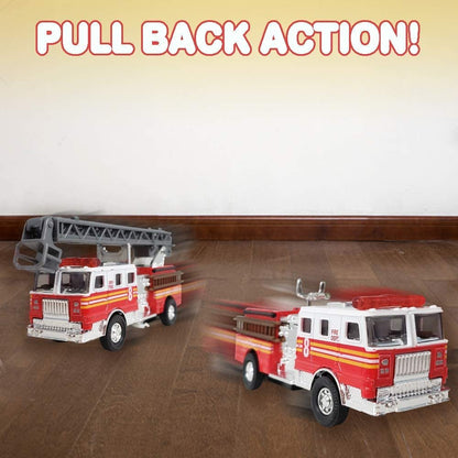 ArtCreativity 5.5 Inch Fire Trucks - Set of 2 - Pull Back Firetruck Toy Cars for Boys and Girls - Includes Metal Ladder Truck and Fire Engine - Best Birthday Gift for Kids, Toddlers