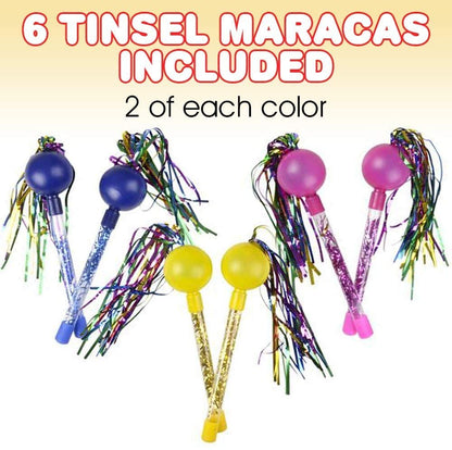 ArtCreativity Tinsel Maracas for Kids, 3 Pairs, Plastic Music Hand Shakers, Fun Music Toys for Children, Colorful Noisemakers for Parties and Sports Events, Birthday Party Favors, Pink, Yellow, Blue