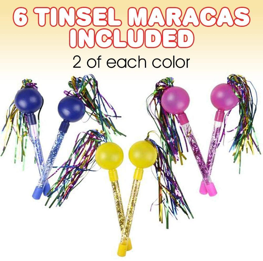Tinsel Maracas for Kids, 3 Pairs, Plastic Music Hand Shakers, Fun Music Toys for Children, Colorful Noisemakers for Parties and Sports Events, Birthday Party Favors, Pink, Yellow, Blue