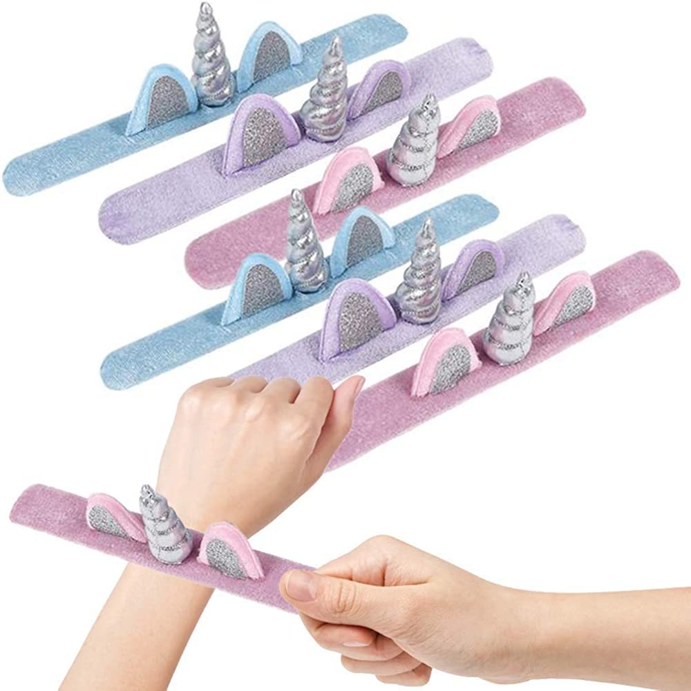 Plush Unicorn Slap Bracelets for Kids, Set of 12, Cute Slap Bands for Girls with 3D Details, Unicorn Party Favors for Children, Pretty Goodie Bag Fillers, Pink, Purple, and Blue