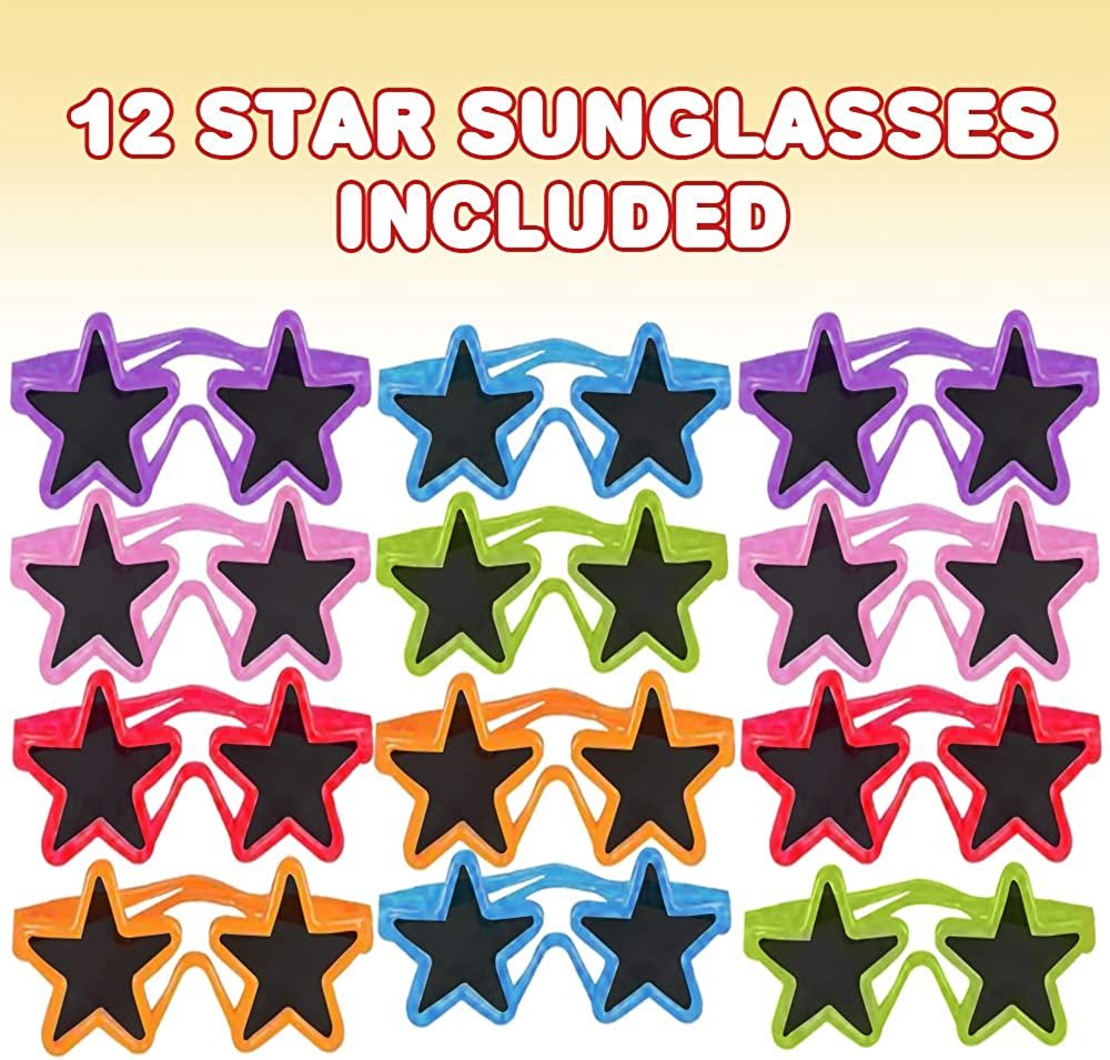 Kiddie Star Sunglasses, Set of 12, Cool Sun Glasses in Assorted Colors, Fun Birthday and Pool Party Favors for Boys and Girls, Dress-Up Accessories, Goodie Bag Fillers