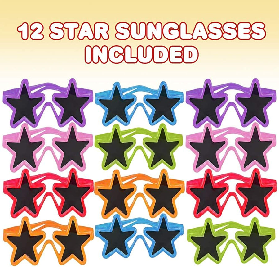 Kiddie Star Sunglasses, Set of 12, Cool Sun Glasses in Assorted Colors, Fun Birthday and Pool Party Favors for Boys and Girls, Dress-Up Accessories, Goodie Bag Fillers