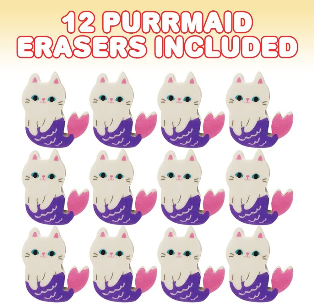 ArtCreativity Purrmaid Erasers for Kids, Set of 12, Aesthetic School Supplies for Kids and Classroom Gifts for Students, Great as Pinata Stuffers, Goodie Bag Fillers, and Stationery Party Favors