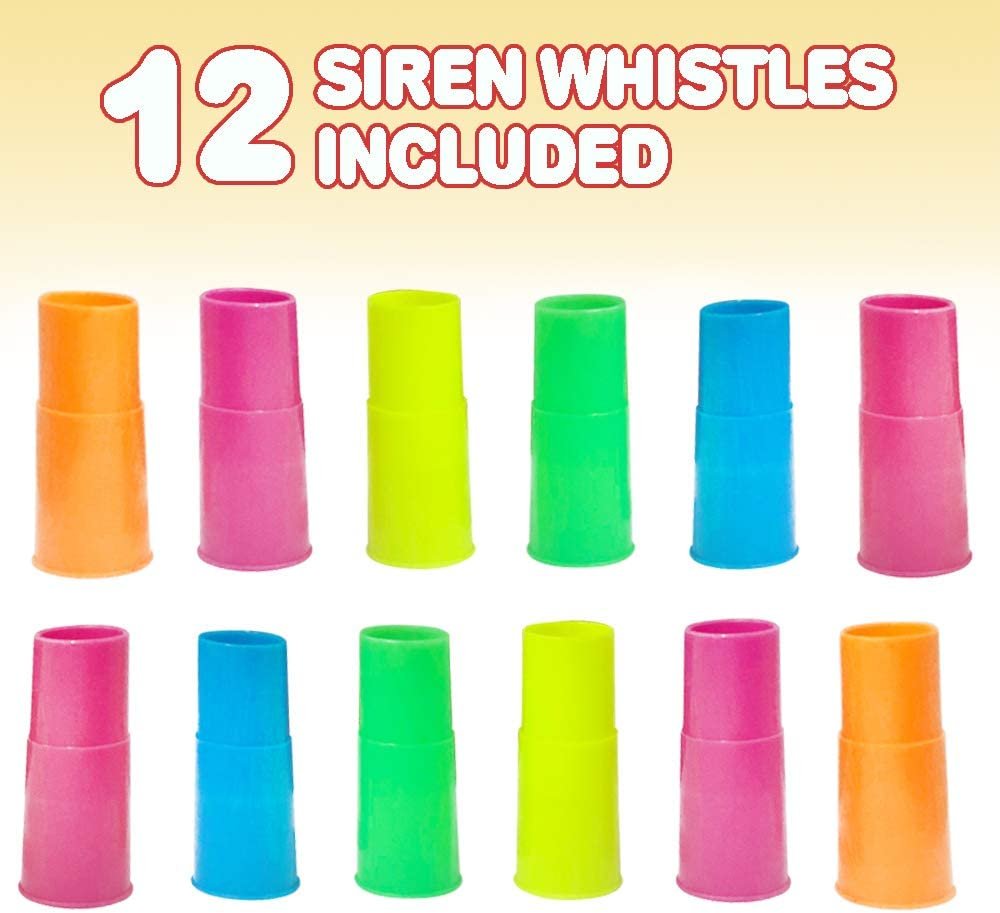 Siren Whistles for Kids - Pack of 12, Durable Plastic Siren Noise Maker Party Whistles, Bright Assorted Colors, Birthday Party Favors, Piñata Fillers, Treasure Box Prizes