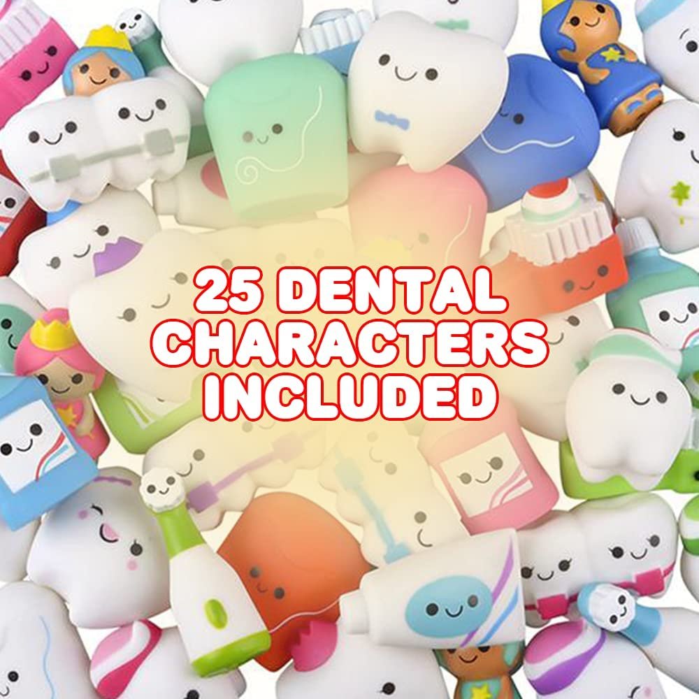 Dental Character Assortment, Set of 25, Cute Tooth Fairy Toys for Kids, Rubbery Dentist Office Giveaways for Children, Holiday Stocking Stuffers, Unique Birthday Party Favors
