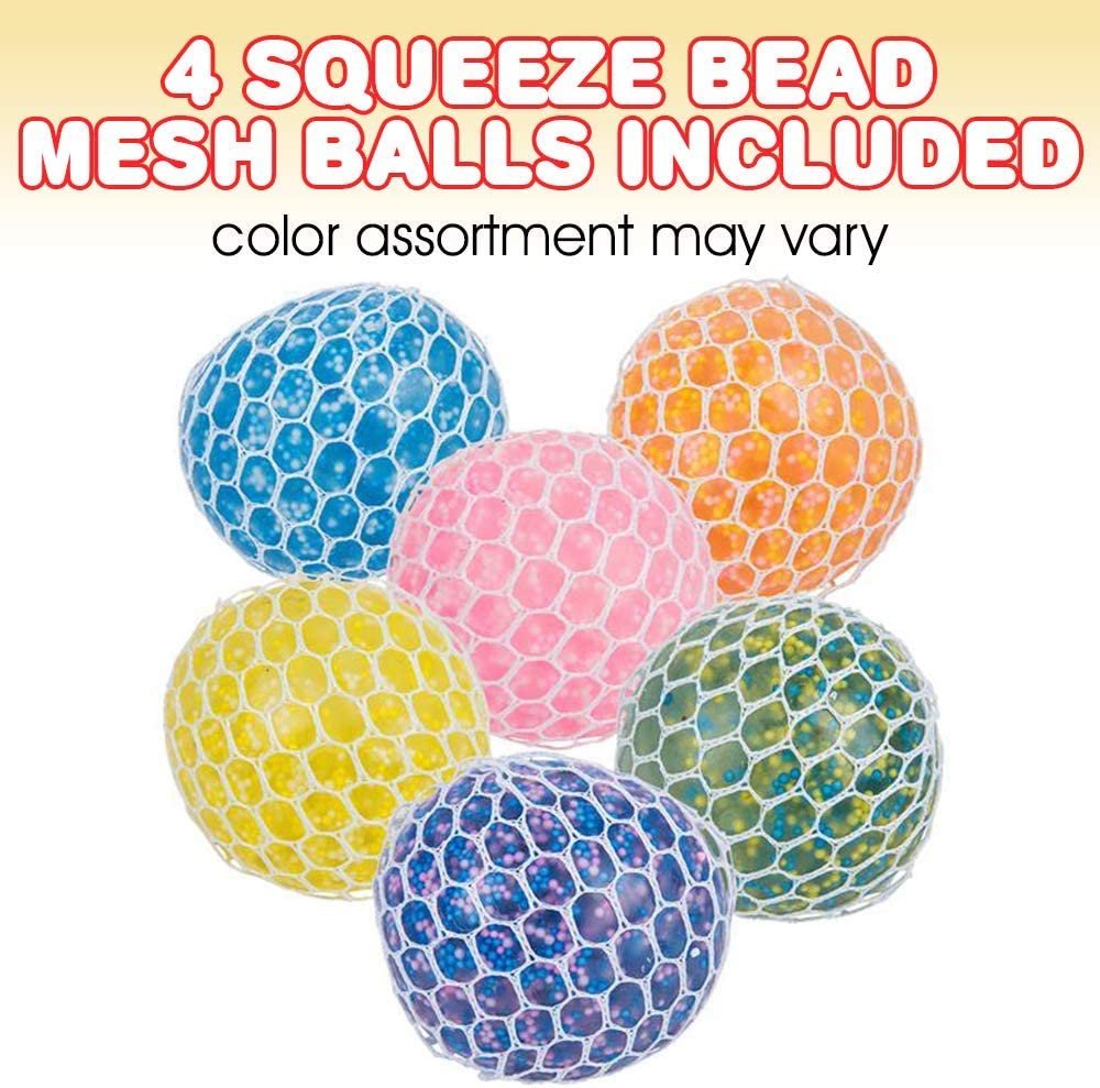Mesh Squeeze Bead Balls for Kids, Set of 4, Squeeze Toys in Assorted Colors for Anxiety Relief and ADHD - Fun Birthday Party Favors, Goodie Bag Fillers, Treasure Box Prizes for Classroom