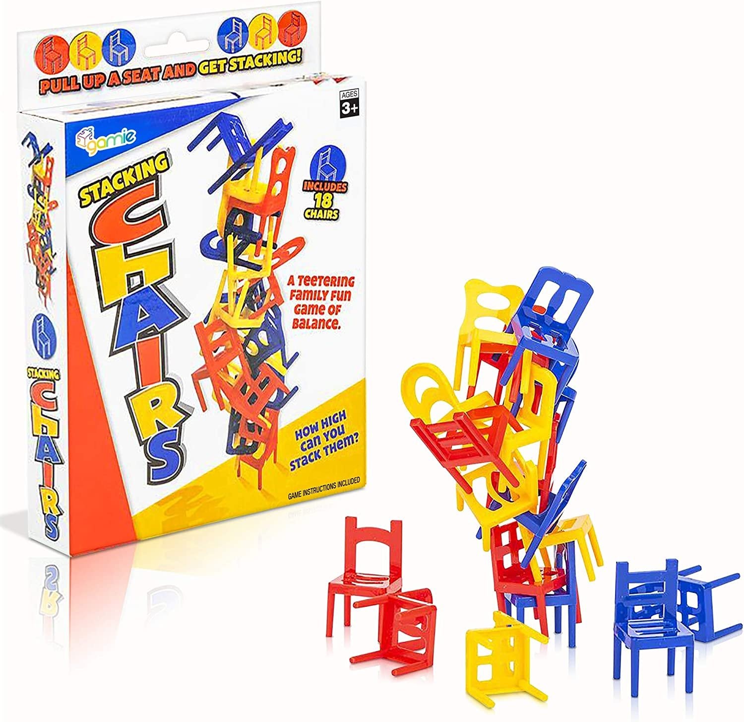 Gamie Balancing Chair Game, 2 Sets, Stacking Chair Games with 18 Mini Chairs & Instruction Guide, New Family Game Night Games for Children, Development Learning Game for Coordination & Balance