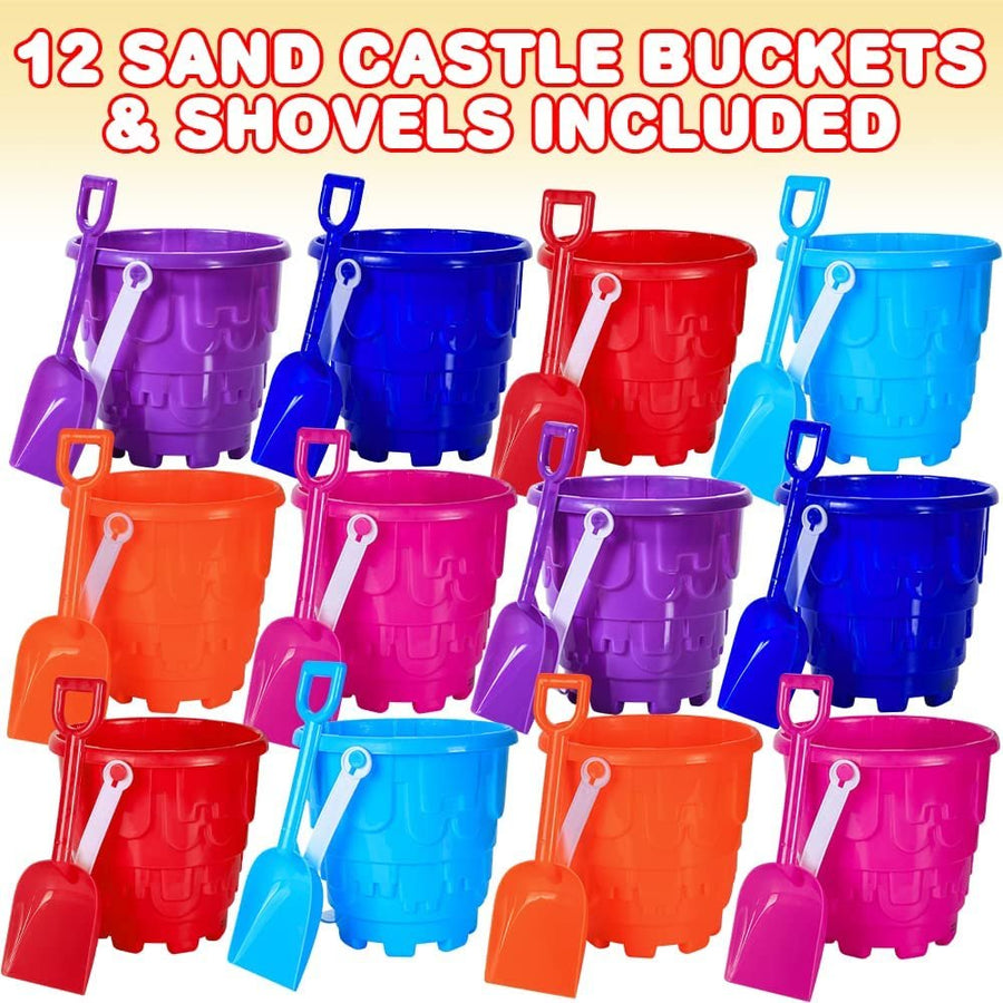 Beach Sand Castle Buckets and Shovels Set, Includes 12 Shovels and 12 Pail Buckets with a Sand Castle Design Inside, Sandcastle Building Toys, Fun Summer Sand Toys for Boys and Girls