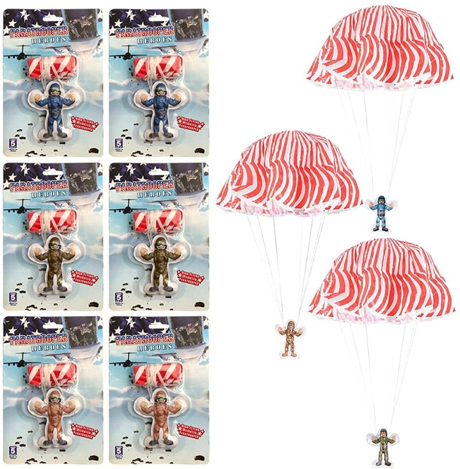 Paratroopers with Parachutes, Set of 6, Weighted Characters Incased in Plastic Shell, Durable Plastic Playset for Kids, Fun Parachute Party Favors for Boys and Girls