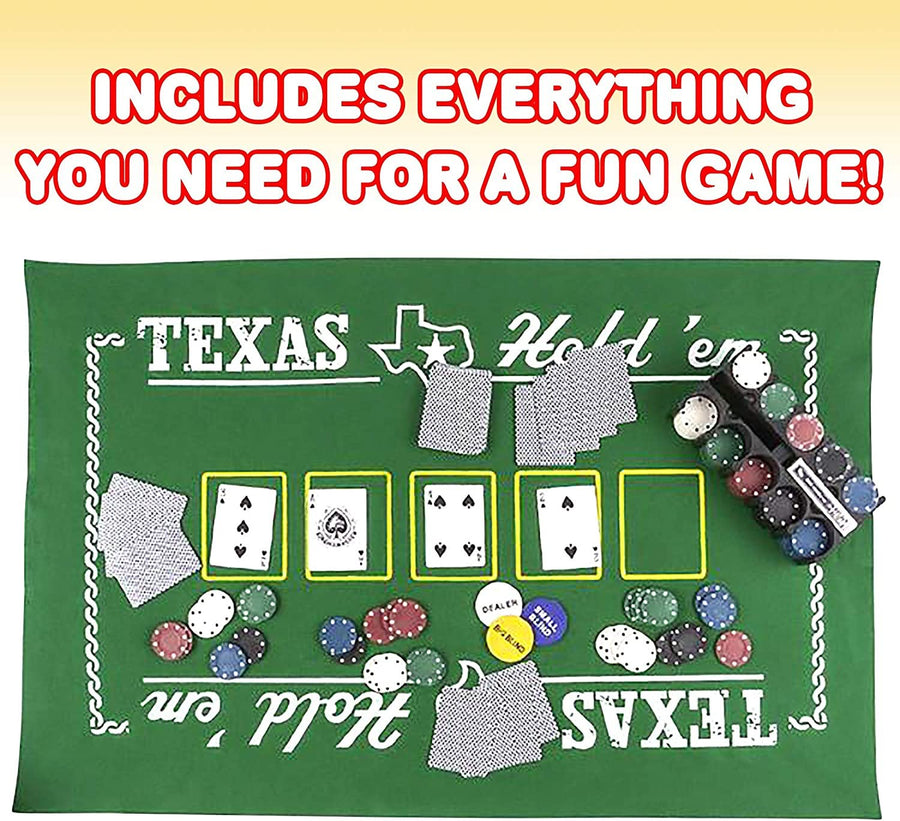 Gamie Texas Holdem Poker Game Set - Includes Hold’em Mat, 2 Card Decks, Chips, Chip Holder and Tin Storage Box - Fun Game Night Supplies - Cool Casino Gift for Kids and Adults