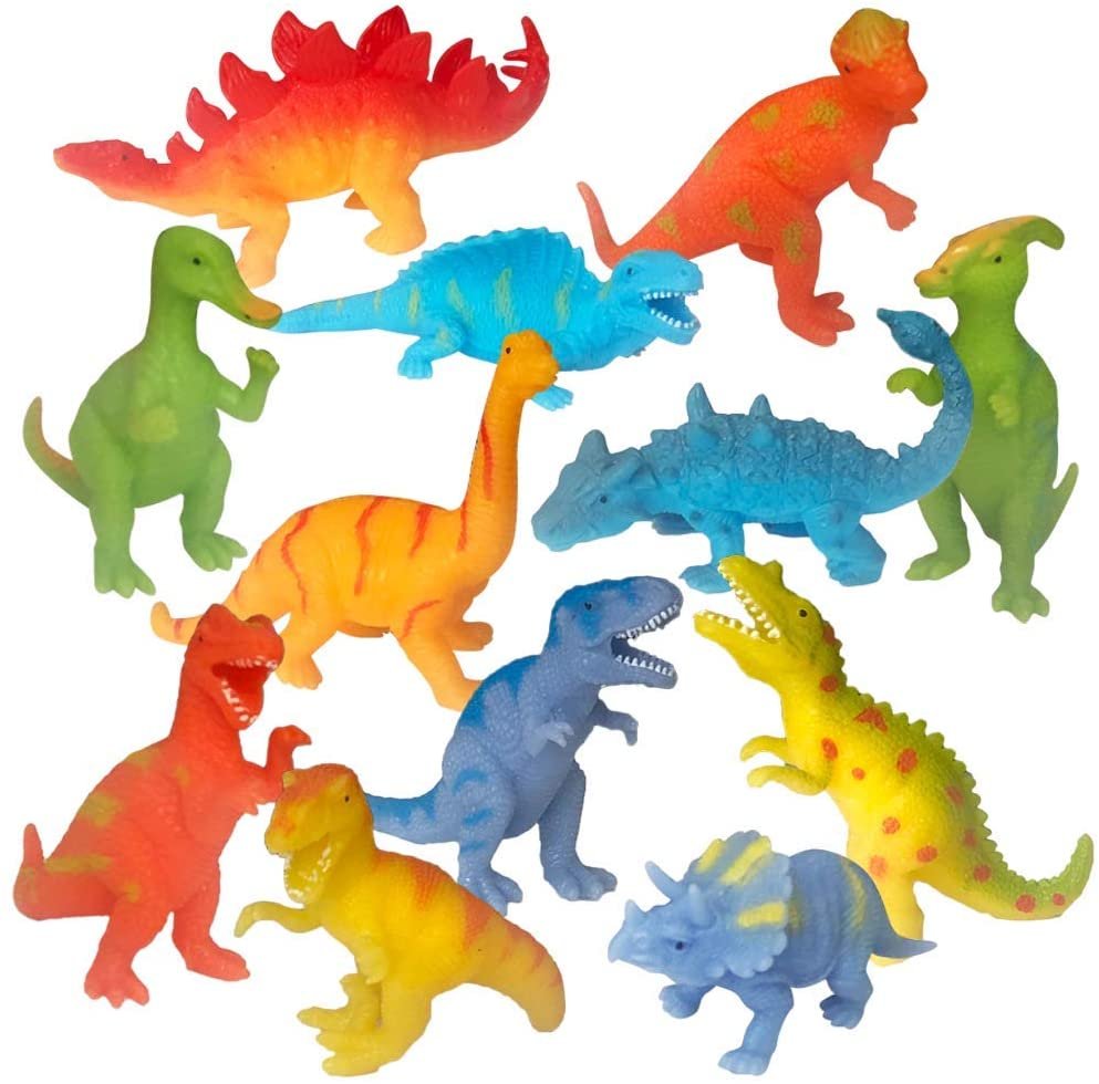 Squeeze Stretch Dinosaurs, Set of 12, Super Squeezable Mini Dino Toy Figurines in Assorted Designs, Stress Relief Sensory Toys for Children, Best Dinosaur Party Favors for Boys and Girls