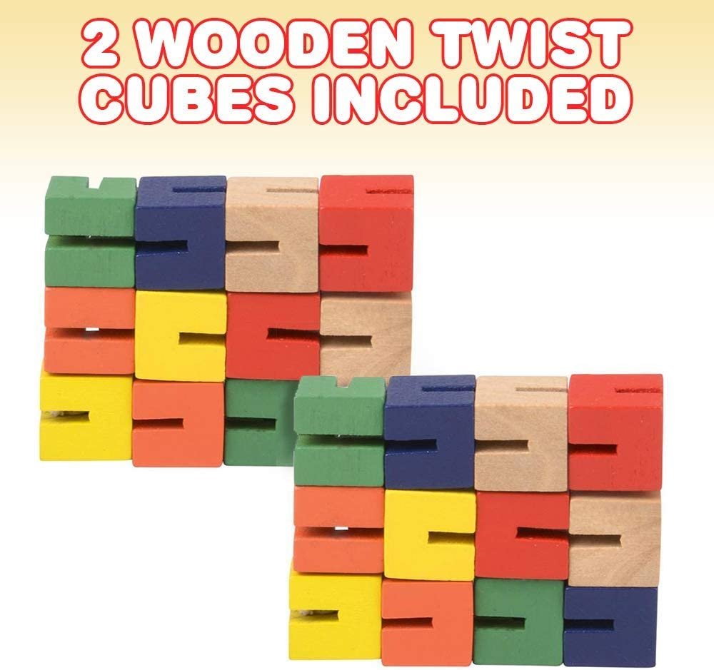 ArtCreativity Wooden Twist Cubes, Pack of 2, Colorful Mind Game, Stretch, Twist, and Lock Brain Teaser Fidget Sensory Toys for Kids, Stocking Stuffer and Party Favors for Boys and Girls