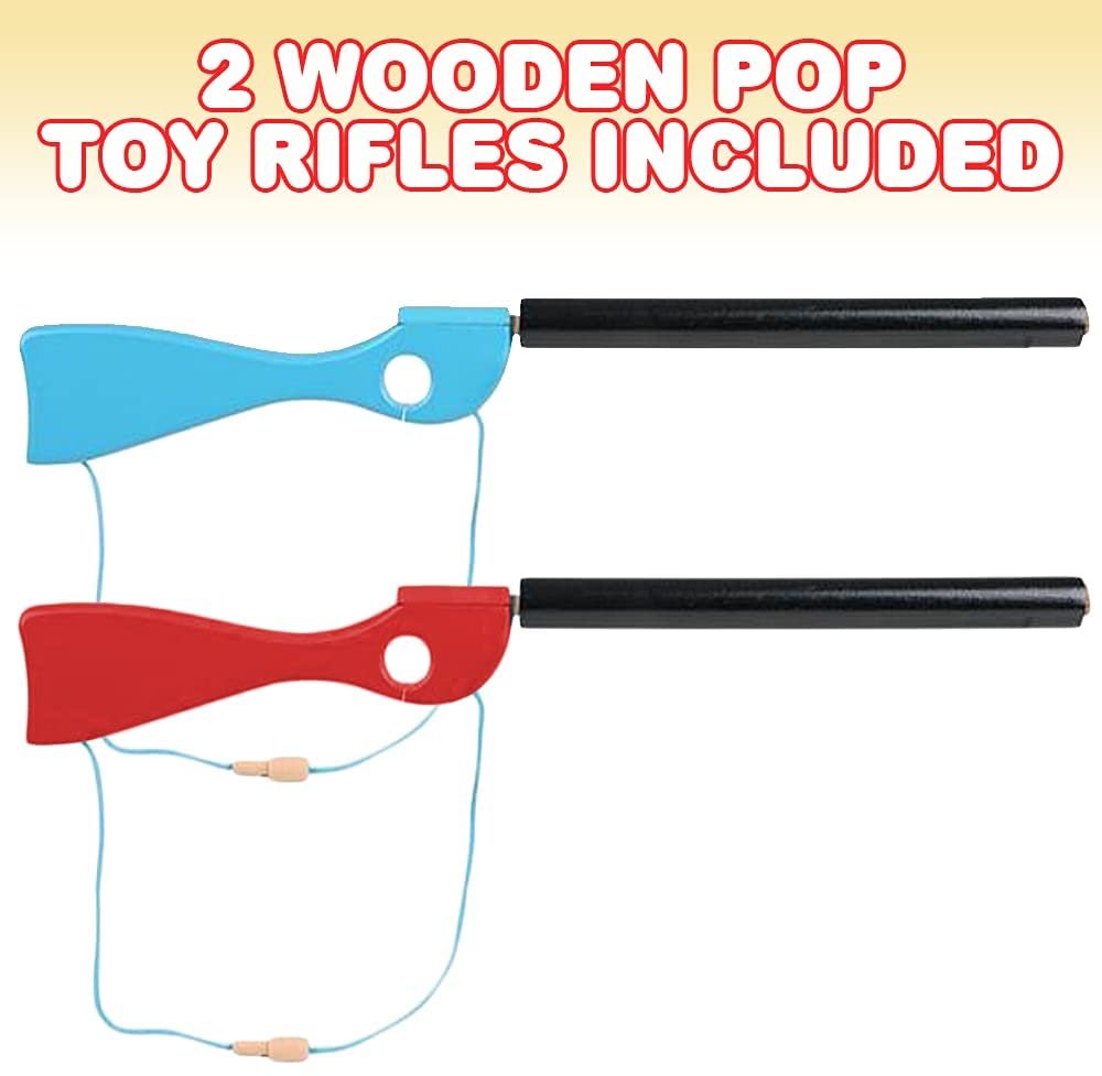 Wooden Toy Rifles, Set of 2, Red and Blue Toy Gun for Boys and Girls, Great Costume Accessories for Halloween, Pop and Play Pump Action Rifle Toy, No Batteries Needed, 21’’