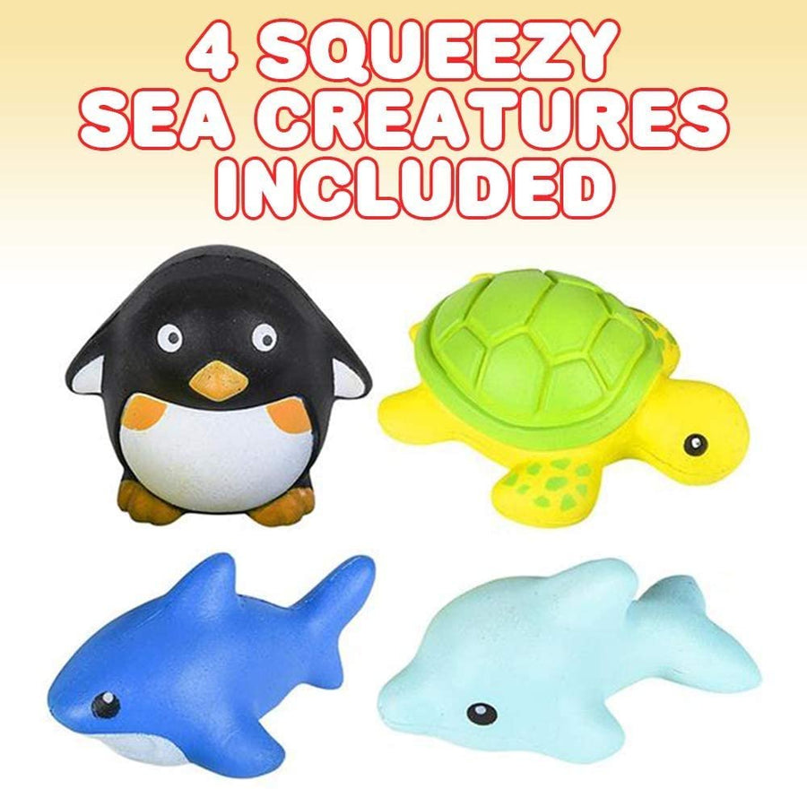 Squish Sea Life Assortment, Set of 4, Scented Slow Rising Stress Relief Toys for Kids, Squeezable Birthday Party Favors and Goodie Bag Fillers, 4 Cute Designs and Colors