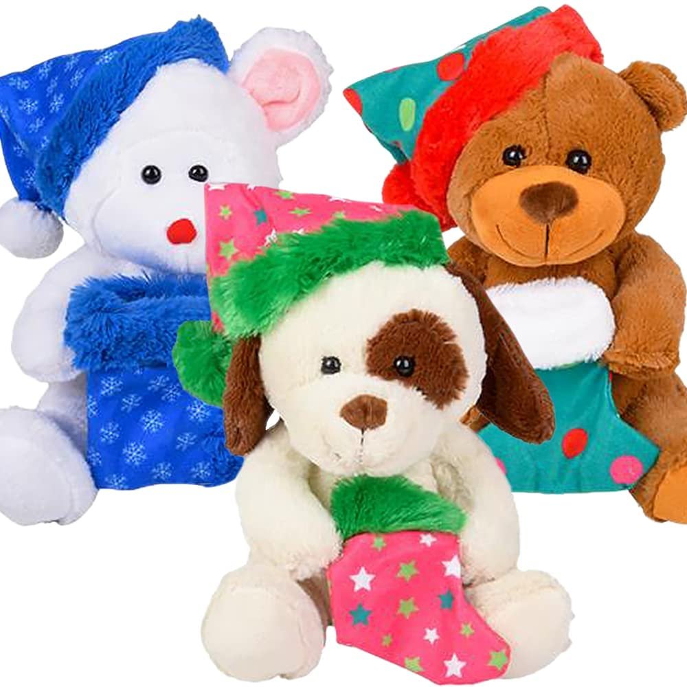 Christmas Plush Bear Assortment, Set of 3, Stuffed Holiday Bears in Assorted Designs, Christmas Tree Decorations & Party Favors for Kids & Adults, Christmas Accessories for Festive Decor