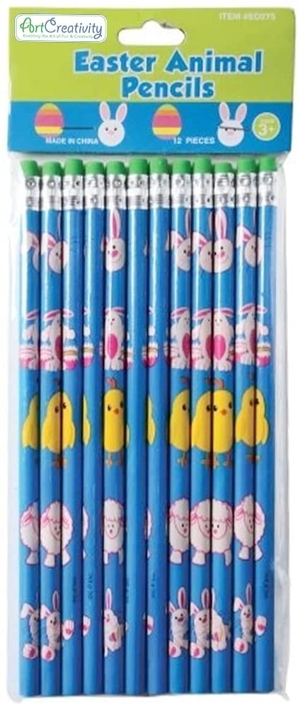 ArtCreativity Easter Animal Pencils for Kids, Set of 12, Wooden Number 2 Pencils with Easter Animal Designs, Easter Basket Stuffers, Easter Party Favors, and Classroom Prizes for Kids