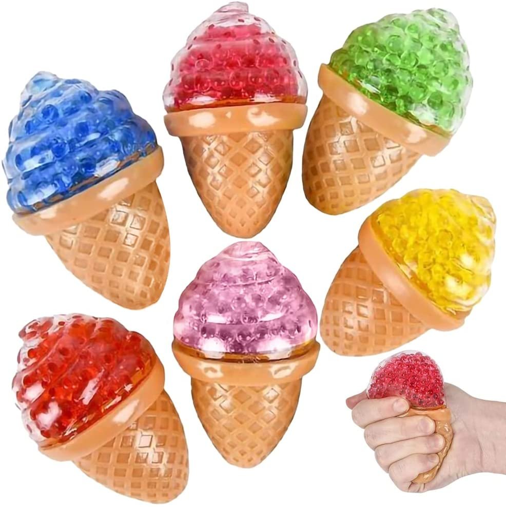 Gel Bead Ice Cream Toy with Squeezy Water Beads, Set of 6, Cute Stress Relief Sensory Toys for Boys and Girls, Fun Birthday Party Favors and Goodie Bag Fillers for Kids