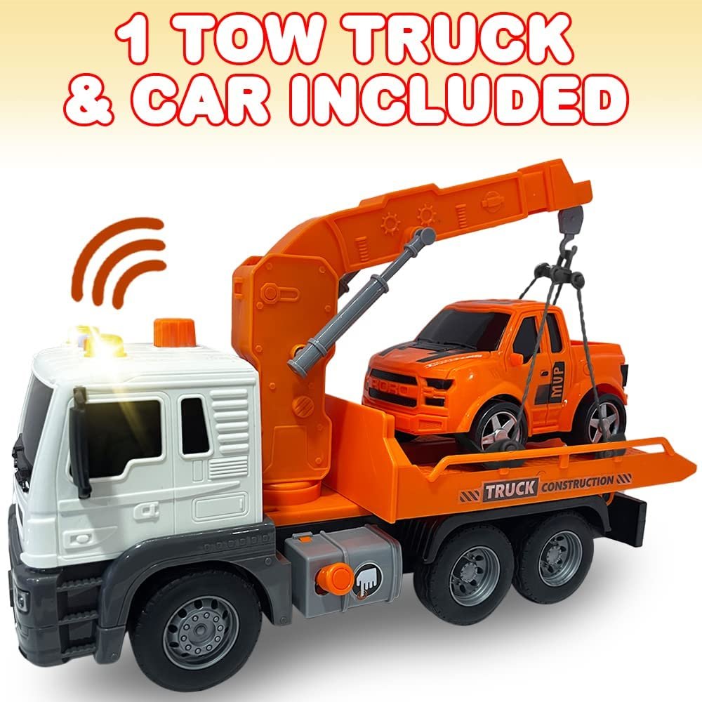 ArtCreativity Light Up Tow Truck Toy, Scale Model Tow Truck with Movable Flat Bed, Lights, Sound, and Small Car Toy for Kids, Interactive Tow Truck Toys for Boys and Girls, for Ages 3 and Up