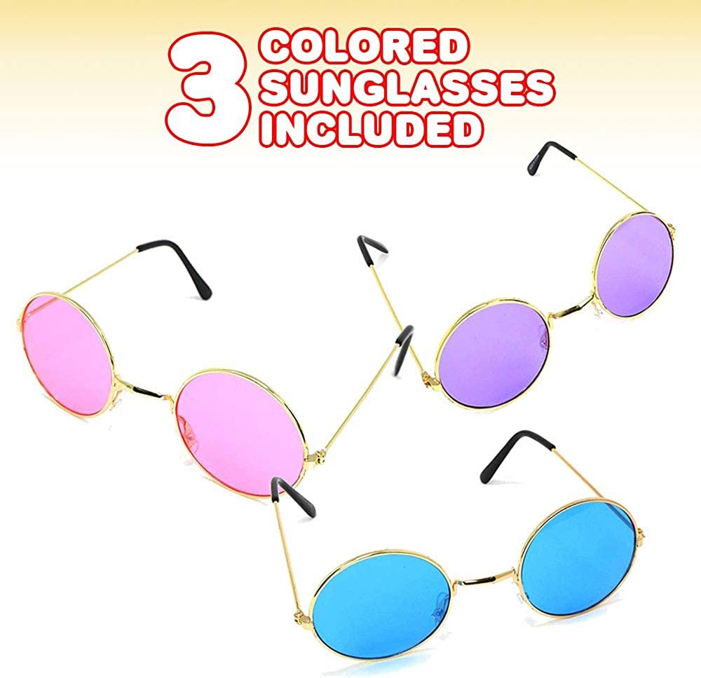 Round Colored Glasses - Pack of 3 - Hippy Style Circle Shades with Gold Frame - Vintage Glasses for 60s Hippie Costume, Disco Party, for Boys and Girls - Blue, Pink, and Purple
