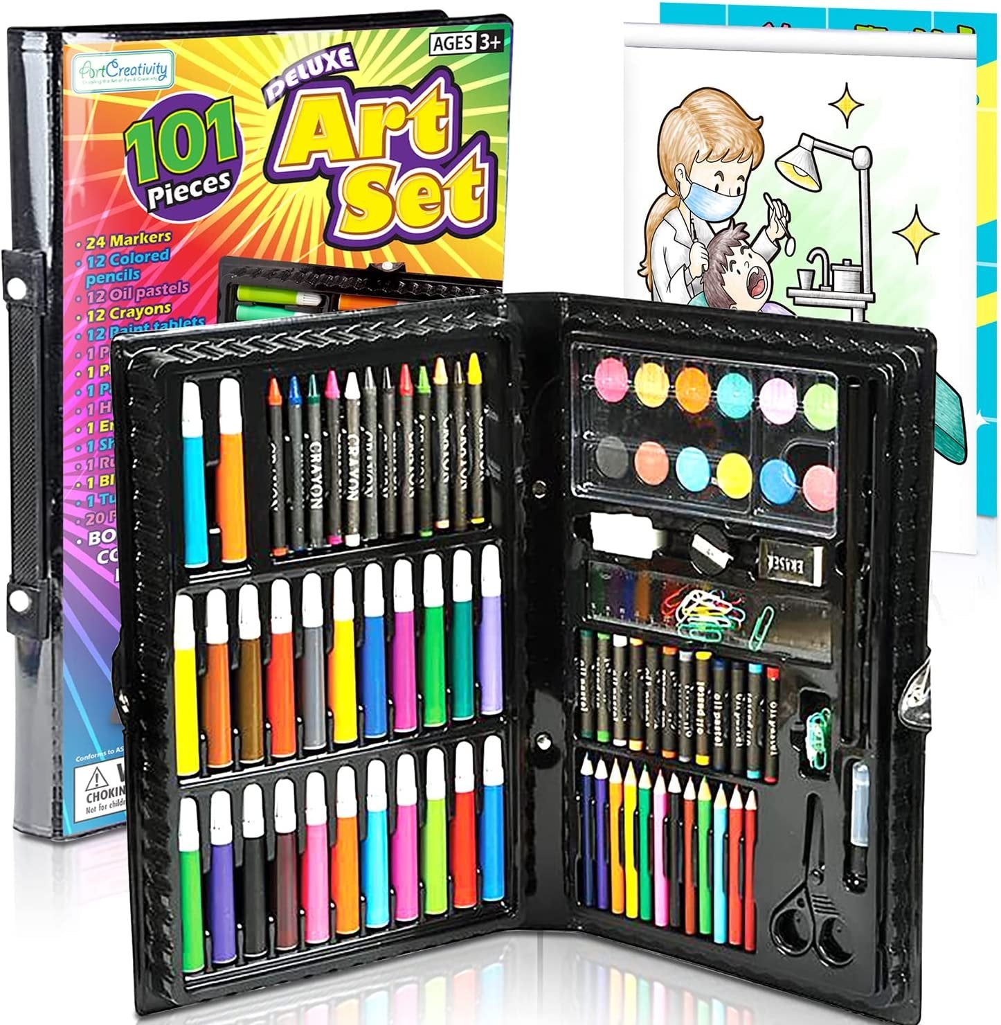 Deluxe Art Set For Kids, Beginner Artist Kit Includes 101 Pieces + Bonus Coloring Book