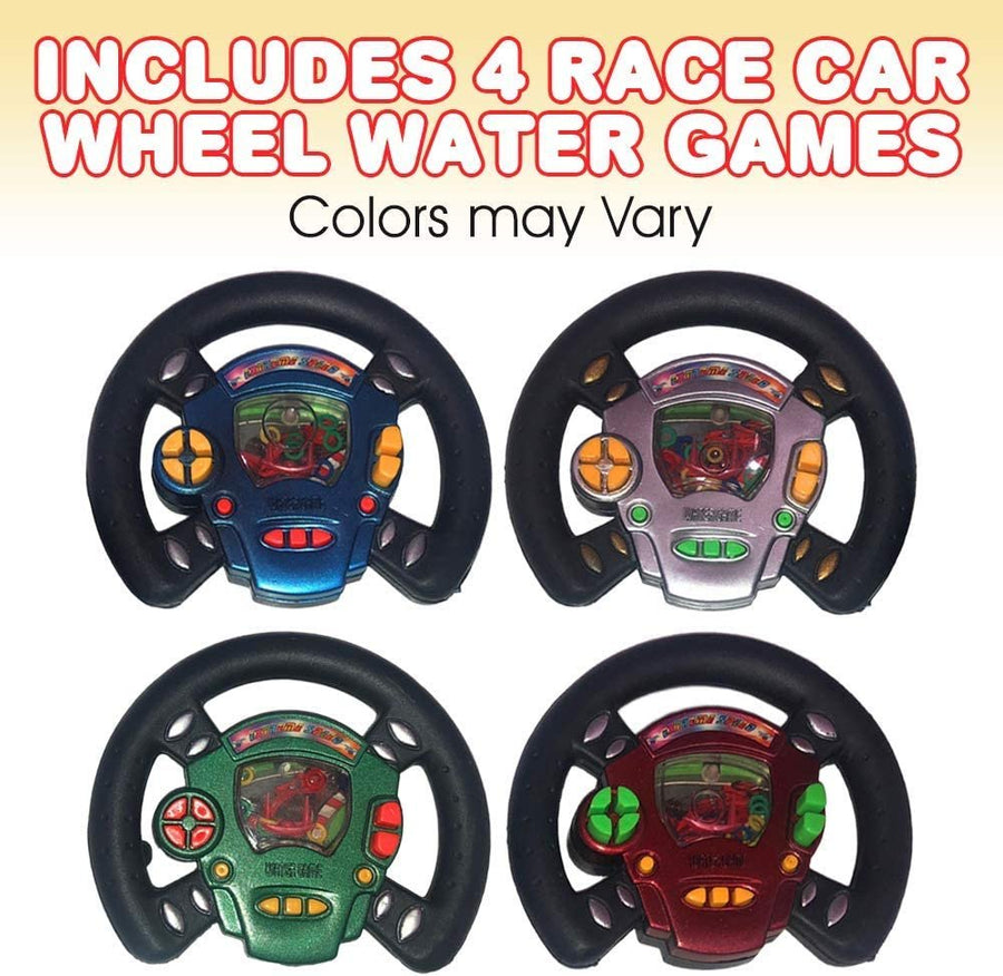 Race Car Wheel Water Ring Game, Set of 4, Handheld Steering Game for Kids, Fun Pretend Play Toys, Race Car Birthday Party Favors for Children, Travel Road Trip Toys for Boys and Girls