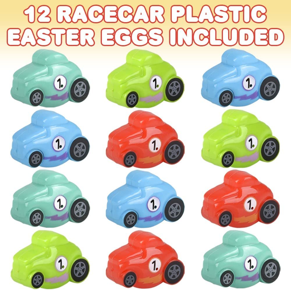 ArtCreativity Race Car Plastic Easter Eggs for Kids, Set of 12, Easter Eggs in Colorful Toy Car Designs, Detachable Halves for Easy Filling, Great as Easter Egg Hunt Supplies and Party Favors