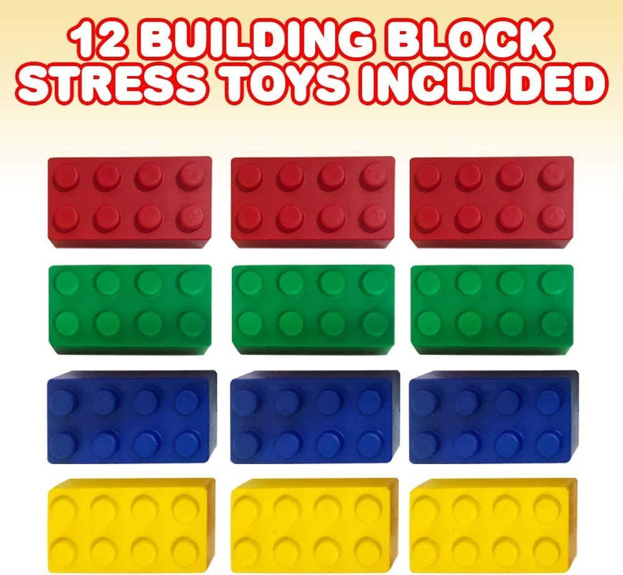 Building Block Stress Relief Toys for Kids, Set of 12, Stacking Construction Foam Squeeze Toys in 4 Vibrant Colors, Birthday Party Favors, Goodie Bag Fillers, Office Gifts, Sensory Toys