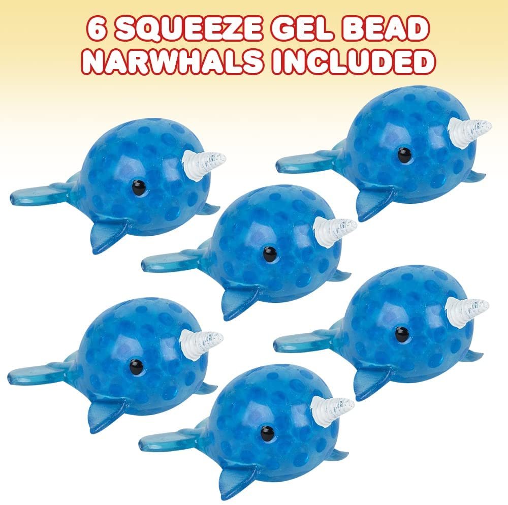 Gel Bead Narwhal Toy with Squeezy Water Beads, Set of 6, Cute Stress Relief Sensory Toys for Boys and Girls, Fun Underwater Birthday Party Favors and Goodie Bag Fillers for Kids