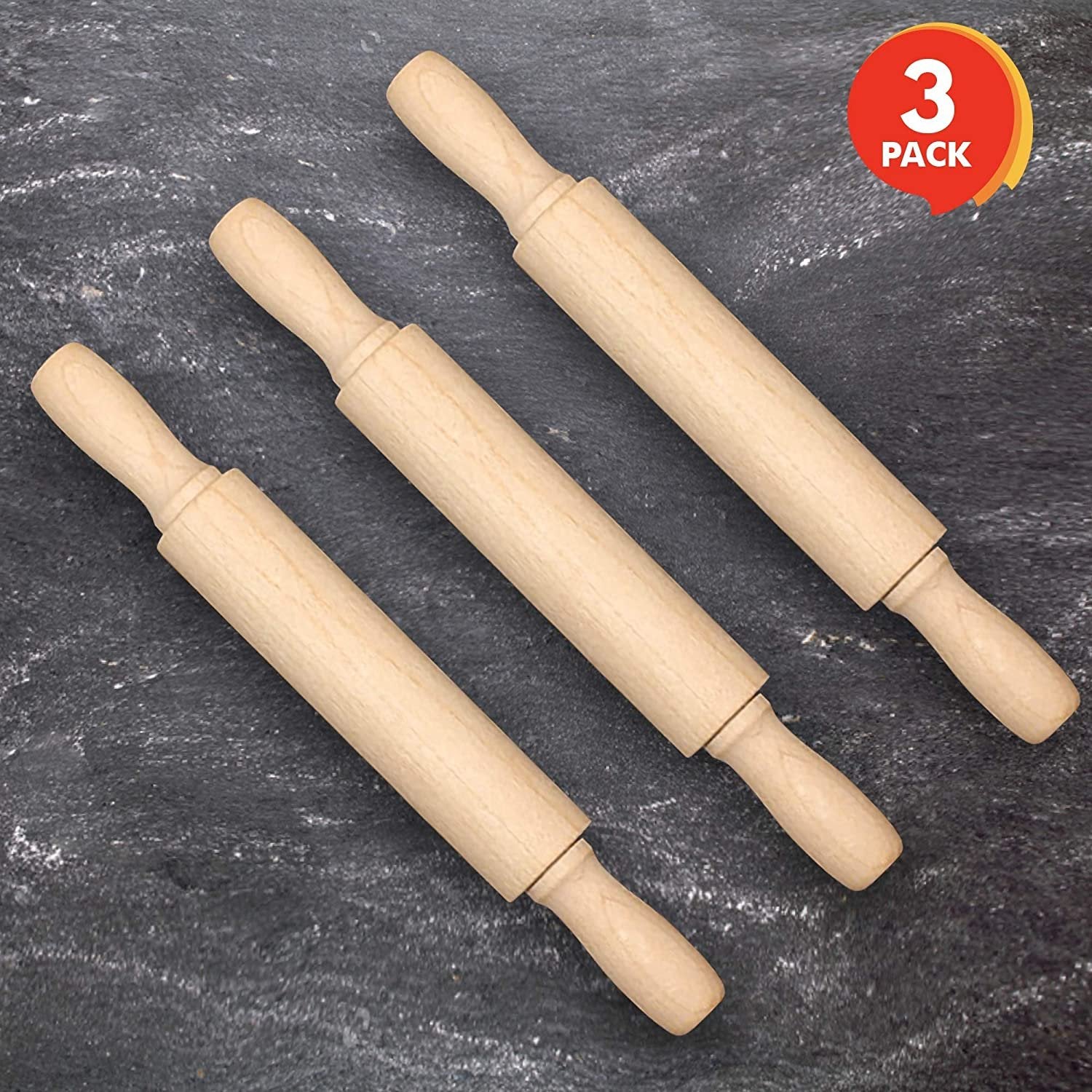 7" Mini Rolling Pins for Kids - Set of 3 - Small Wooden Rollers for Baking, Cooking, Play Doh, Clay, Cookie Dough - Arts and Crafts Toy Supplies for Boys and Girls