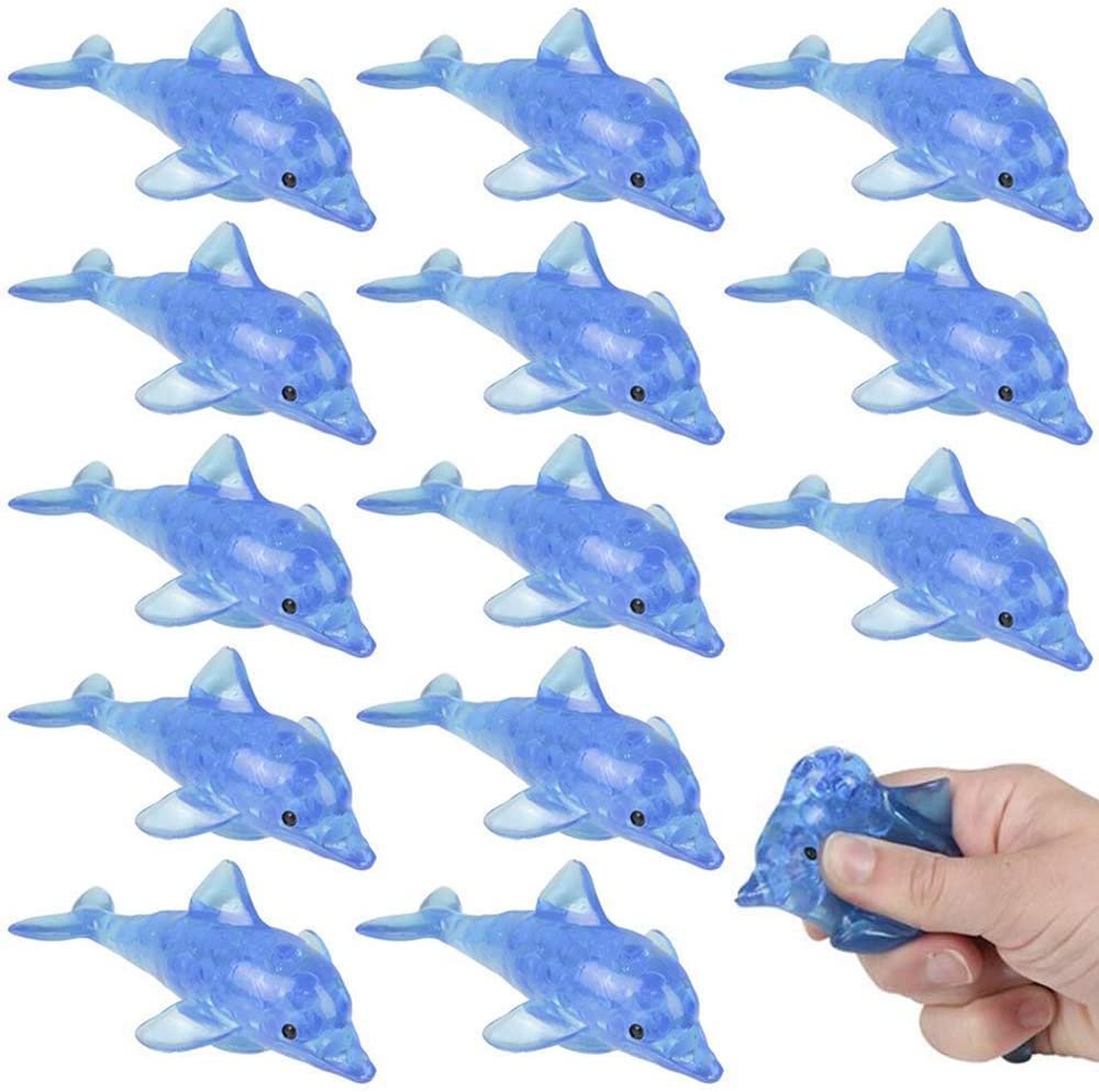 Dolphin Squeeze Toys with Water Beads, Set of 12, Cute Stress Relief Toys for Kids and Adults, Aquatic Under-the-Sea Party Favors, Sensory Toys for Autism, Kids’ Goodie Bag Fillers