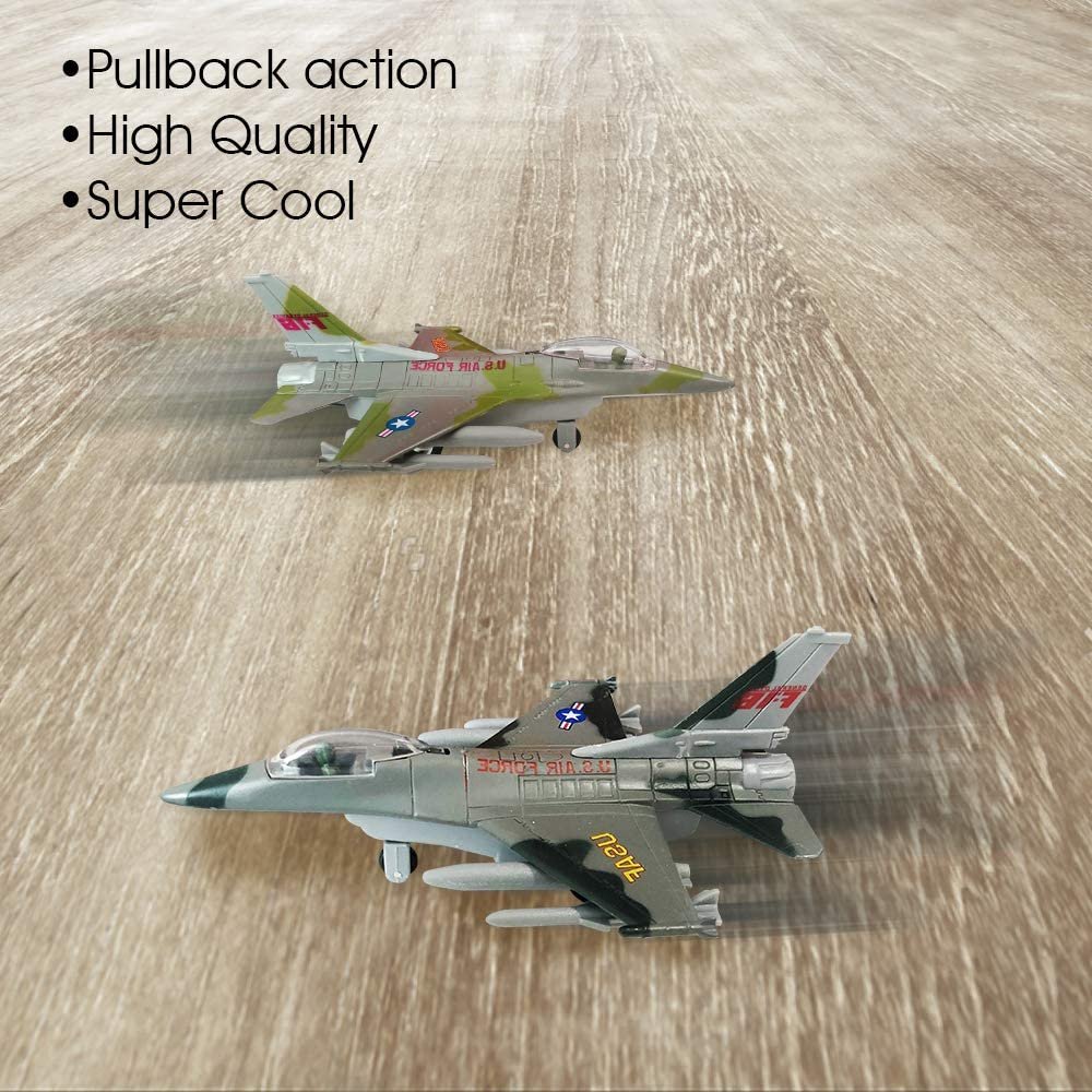 Diecast F-16 Fighting Falcon Jets with Pullback Mechanism, Set of 2, Diecast Metal Jet Plane Fighter Toys for Boys, Air Force Military Cake Decorations, Aviation Party Favors