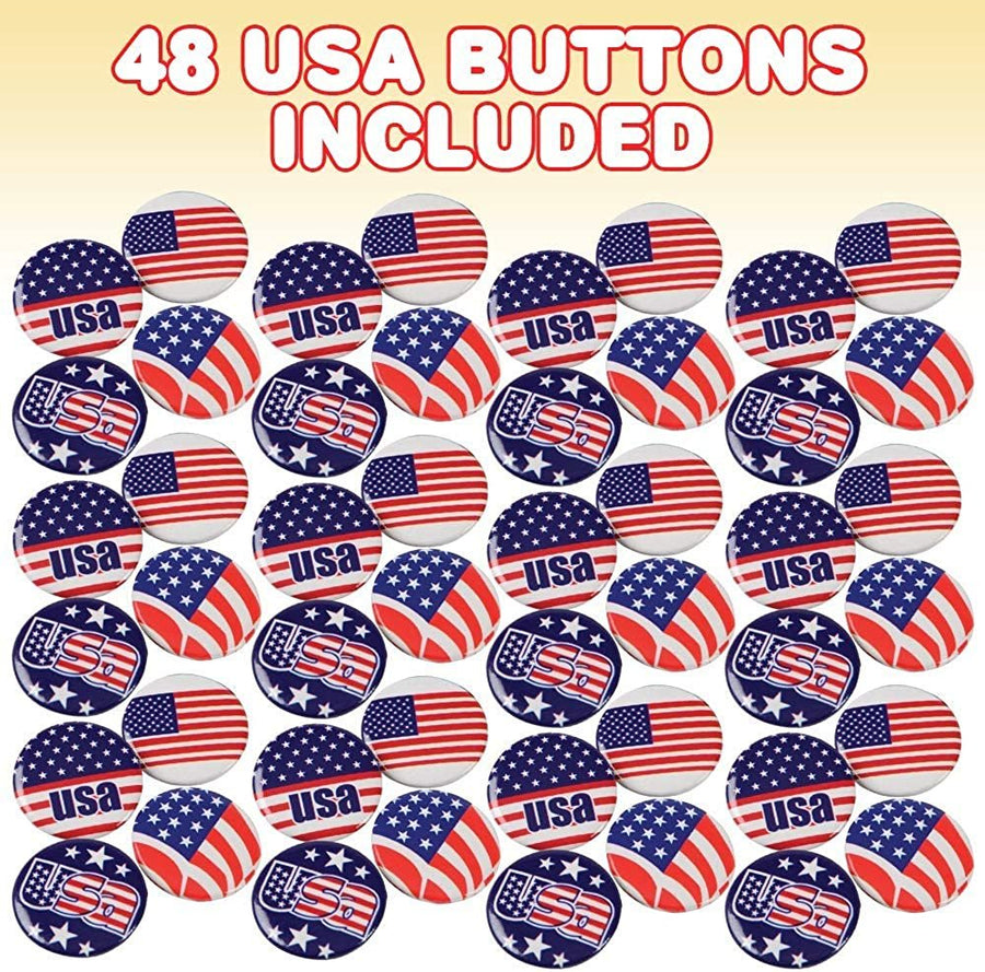 Patriotic USA Button Pins, Bulk Pack of 48, July 4th Party Favors, Red, White, and Blue Patriotic Accessories, American Flag Lapel Pins for Kids and Adults, 4 Different Designs