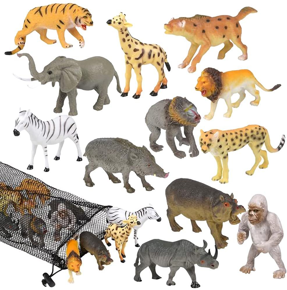 Animal Figures Assortment in Mesh Bag, Set of 12 Mini Animal Figurines in Assorted Designs, Fun Bath Water Playset for Kids, Party Favors for Boys and Girls