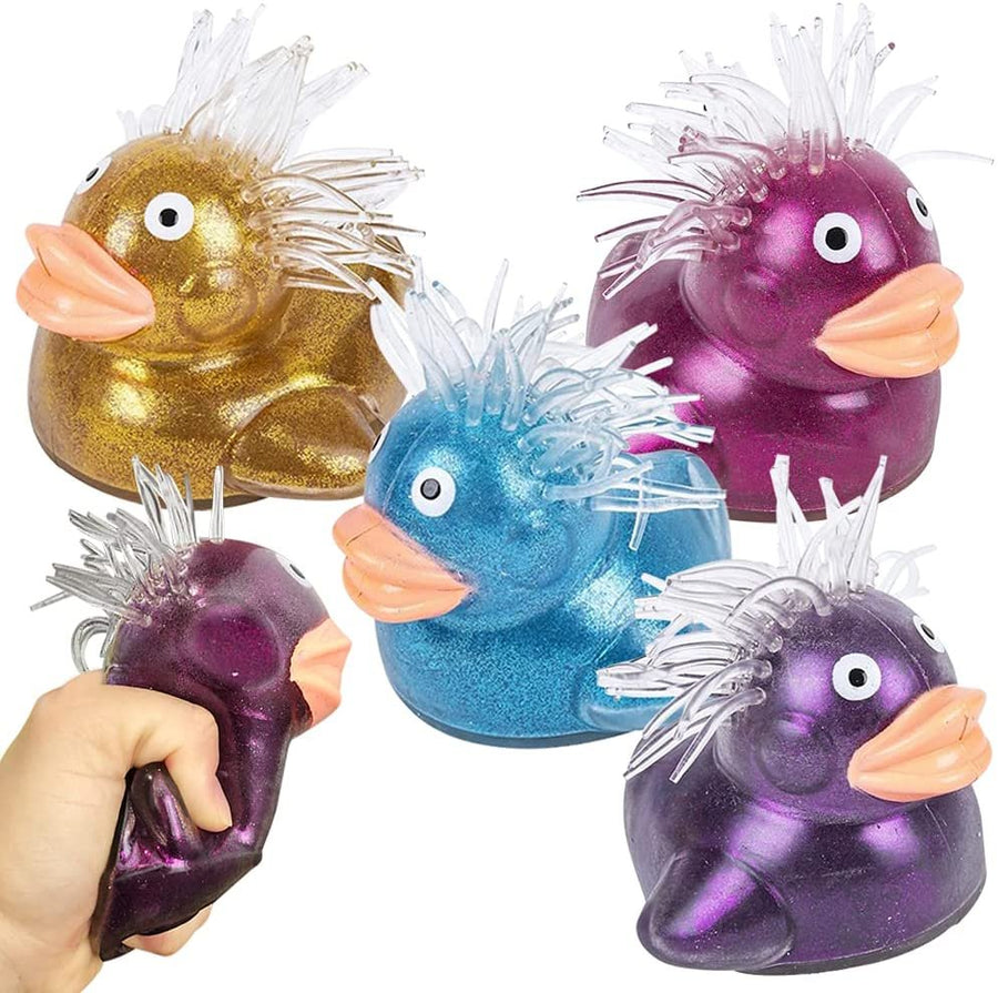 Puffer Duckies, Set of 4, Fidget Toys for Kids with Soft Rubbery Spikes, Stress Relief Toys in Assorted Glittery Colors, Party Favors, Goodie Bag Fillers for Boys and Girls