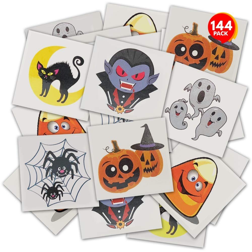 Halloween Temporary Tattoos for Kids - Pack of 144 - 2" Non-Toxic Tats Stickers for Boys and Girls, Best for Halloween Party Favors, Treats, Décor, Goodie Bags - 6 Assorted Designs - Designs may vary