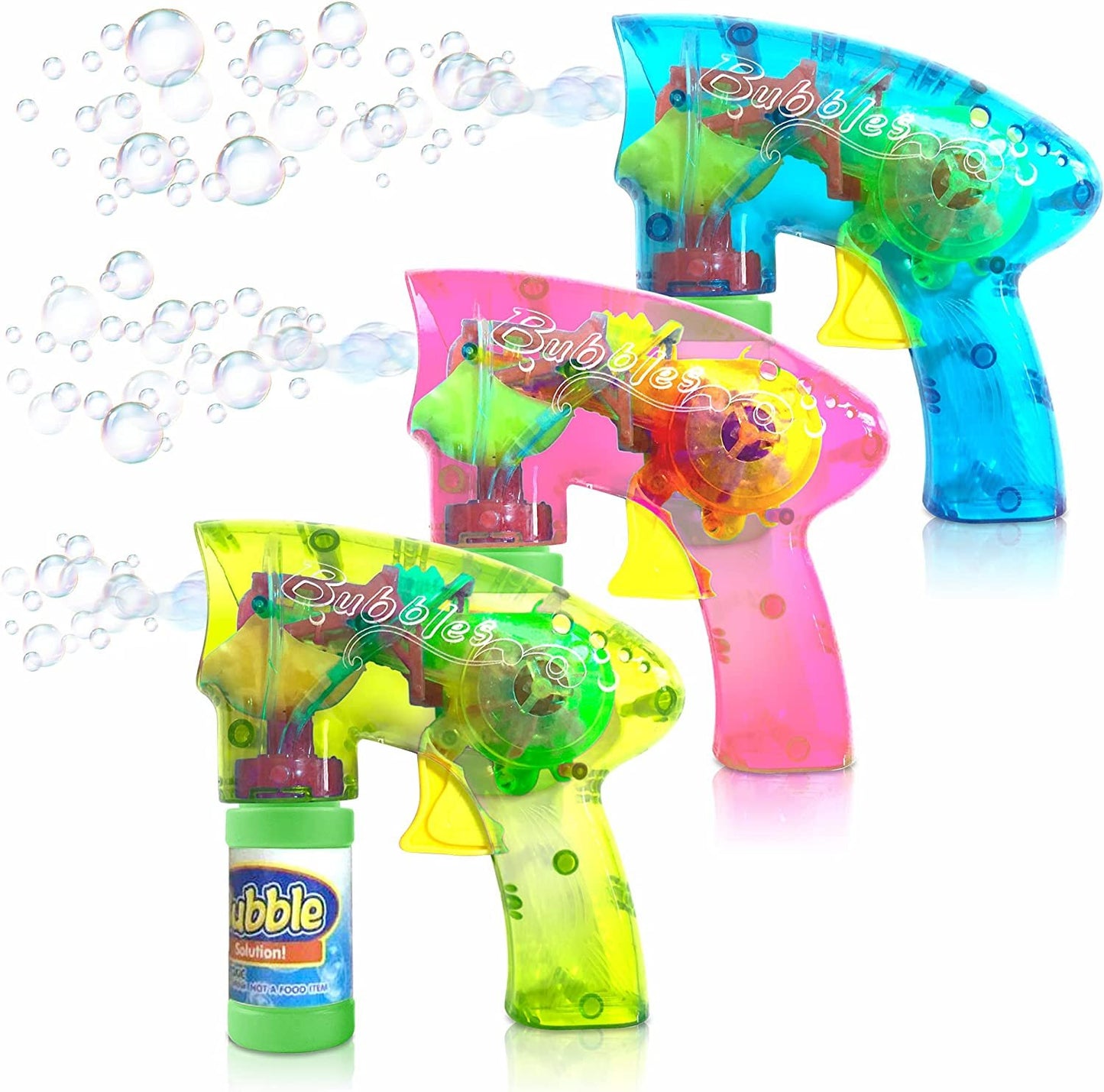 ArtCreativity Friction Powered Light Up Bubble Blaster Gun Set - Set of 3 - Includes 3 LED Bubbles Guns and 6 Bottles of Bubble Fluid - No Batteries Needed - Outdoor, Indoor Fun - Gift Idea, Party